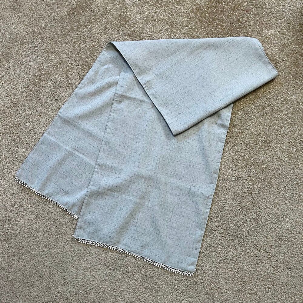 Farmhouse gray table runner with crochet edges, 70” x 14”